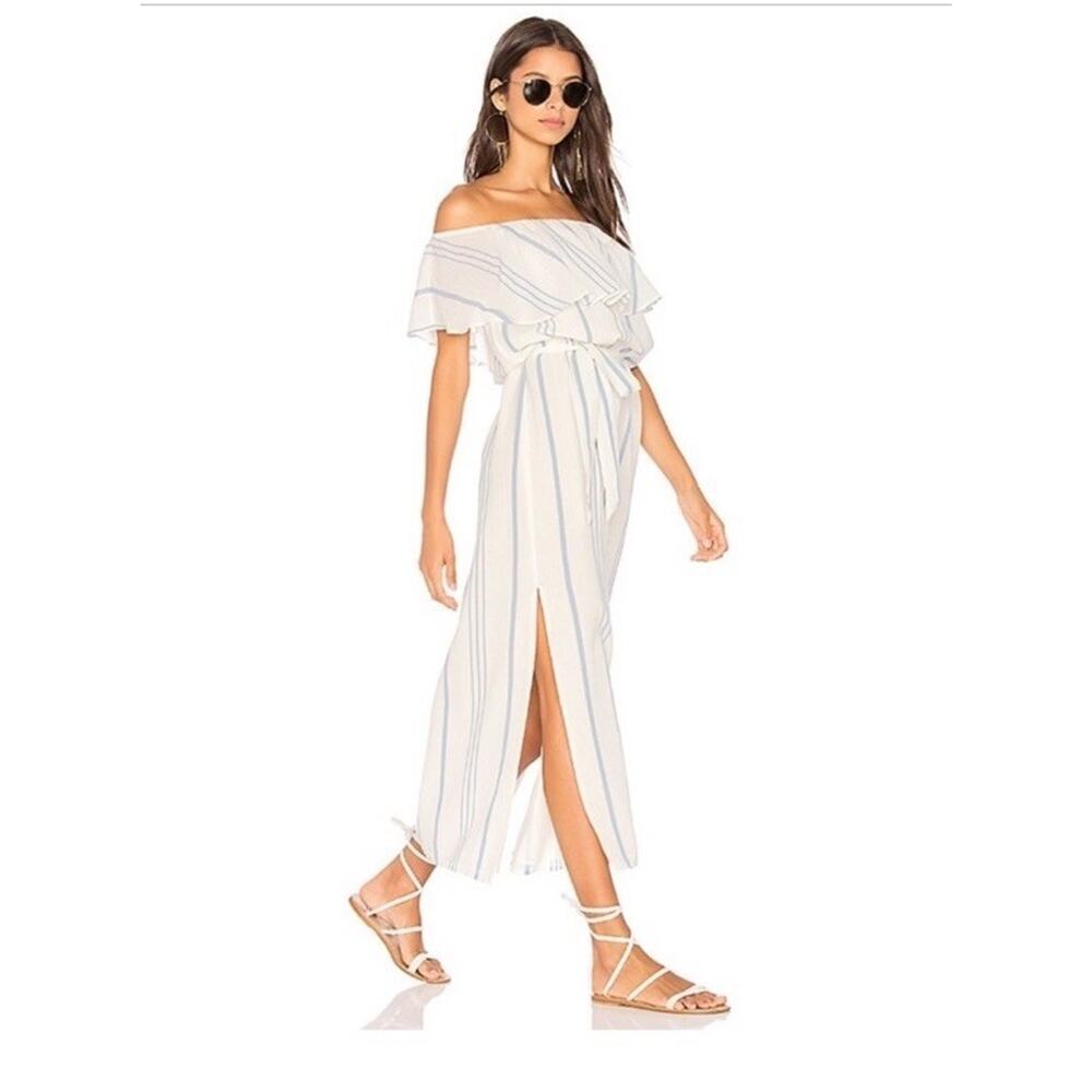 Joie Almante Striped Cotton Gauze Off the Shoulder Midi Dress L